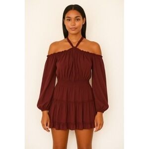 MISA Los Angeles Dress Off Shoulder Halter Ruffle‎ Burgundy Mini Long Sleeve